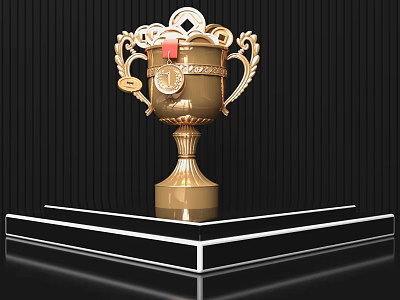 Golden Trophy With Crown Medal And Intricate Handles On Reflective Black Platform Vertical Striped Background 3d model
