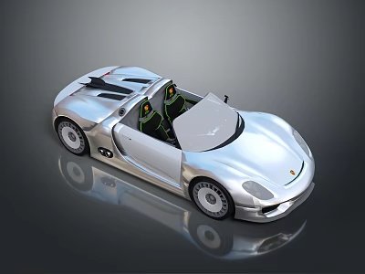 Silver Convertible Sports Car With Sleek Design And Green Seats On Reflective Surface 3d model