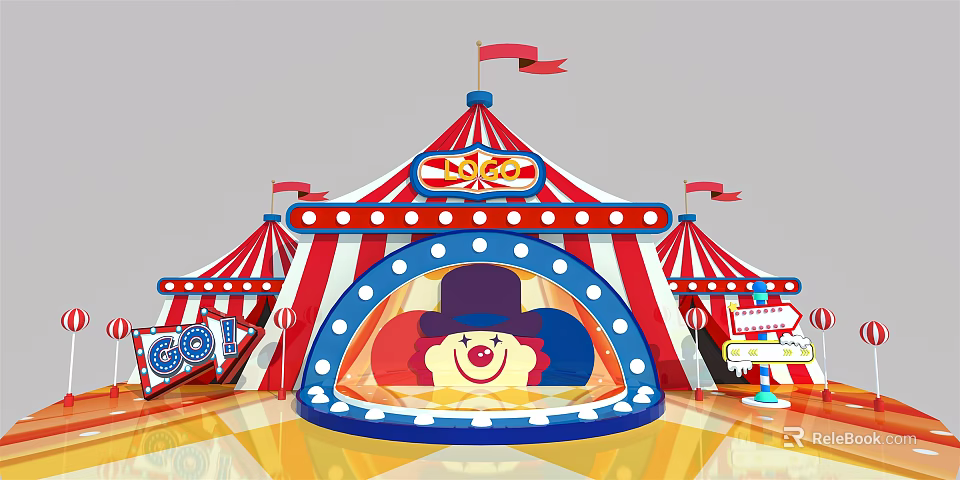 Red and White Striped Circus Tent With Clown Face Flags And Decorative Elements 3d model