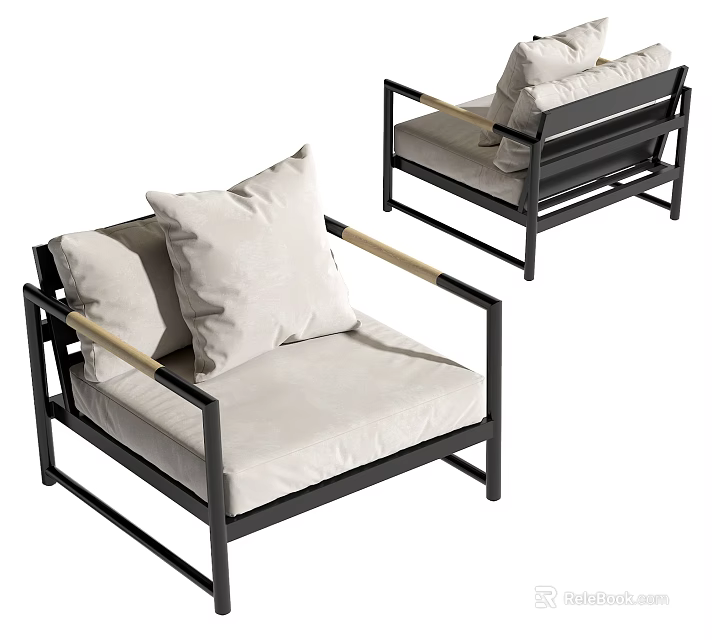 Modern Leisure Chair With Black Metal Frame Beige Cushioned Seat And Soft Pillows 3d model 