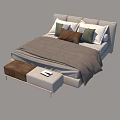 Modern Double Bed With Upholstered Headboard Multiple Pillows And Bench On Wooden Floor