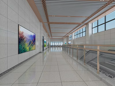 Modern Station Corridor Bright With Large Colorful Wall Art Sleek Floors Handrails And Natural Light 3d model