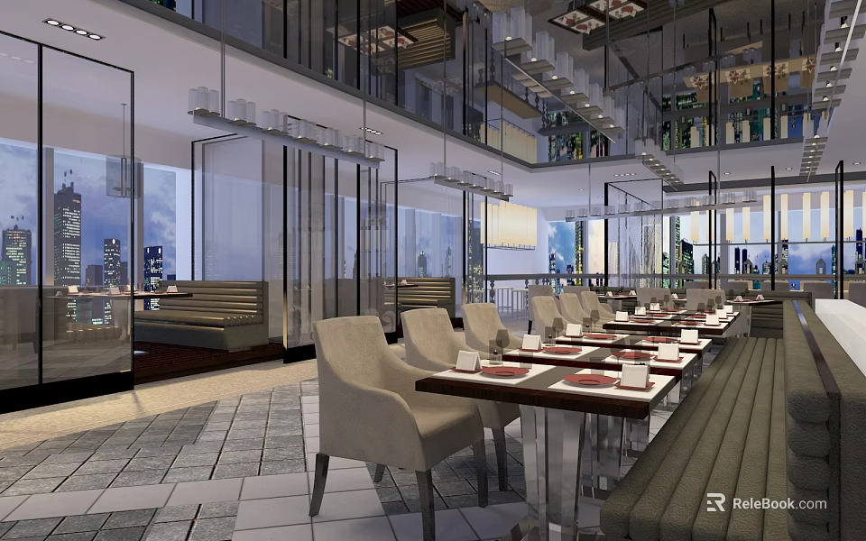 Modern Restaurant Interior Design With Glass Partitions Comfortable Seats And City View 3d model 