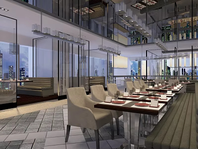 Modern Restaurant Interior Design With Glass Partitions Comfortable Seats And City View 3d model