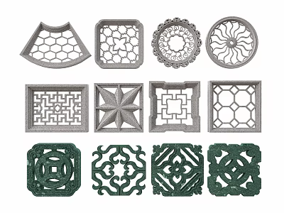 Traditional Lattice Windows with Gray Green Colors Fan Square Circular Shapes and Decorative Patterns 3d model