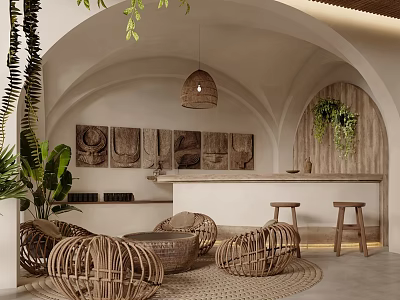 Relaxing SPA Sauna Featuring Arched Structures Rattan Furniture Wooden Decor Green Plants and Woven Lights 3d model