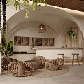 Relaxing SPA Sauna Featuring Arched Structures Rattan Furniture Wooden Decor Green Plants and Woven Lights