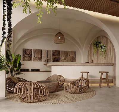 Relaxing SPA Sauna Featuring Arched Structures Rattan Furniture Wooden Decor Green Plants and Woven Lights 3d model