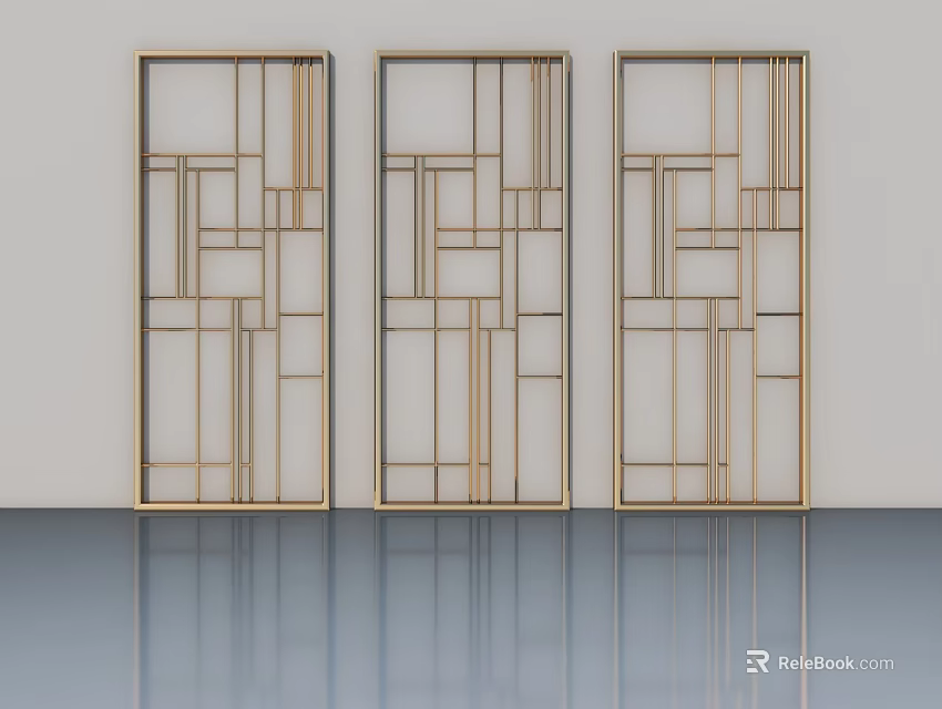 Golden Geometric Hinged Doors With Modern Metal Frame Interior Design 3d model