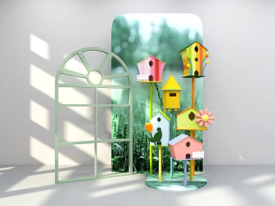 Colorful Birdhouses With Arched Window Frame In Green Garden Decorative Setup 3d model