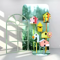 Colorful Birdhouses With Arched Window Frame In Green Garden Decorative Setup