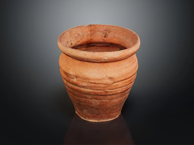Handcrafted Rustic Terracotta Pot With Striped Design And Smooth Rim 3d model
