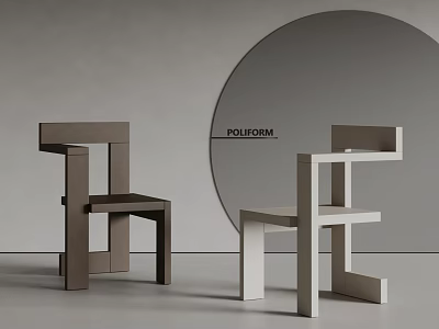 Modern Geometric Shaped Dining Chairs In Brown And White With Round Mirror Background 3d model