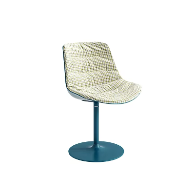Modern Dining Chair with Cream Checkered Upholstery Blue Metal Base and Round Stable Stand 3d model