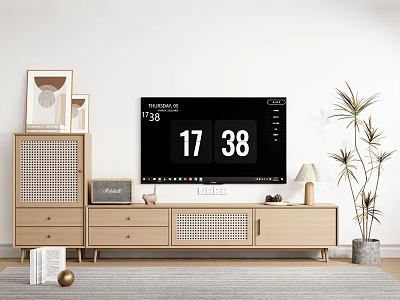 Modern Light Wood TV Stand With TV Speaker Decorations And Potted Plant 3d model