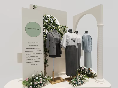 Mannequins Wearing Simple Classic Clothes In Display Area With Green Plants And Flower Decorations 3d model