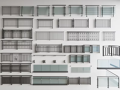 Assorted Railing Designs Featuring Metal Glass And Classic Styles For Exterior And Interior Use 3d model