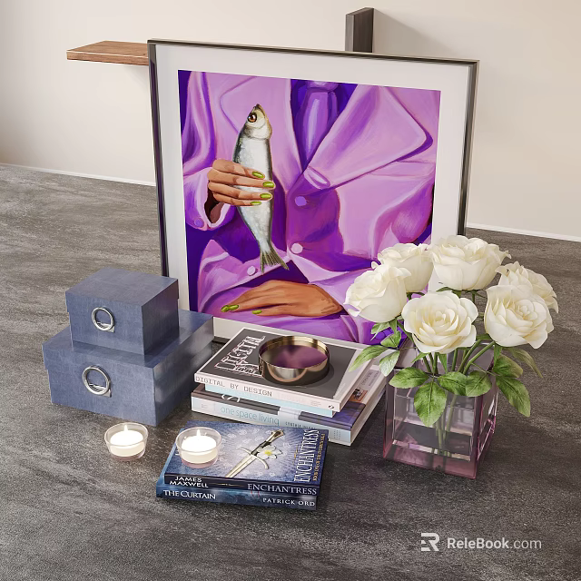 Decorative Ornament Combination With Stacked Books Candles Vase And White Roses For Home Decor 3d model 