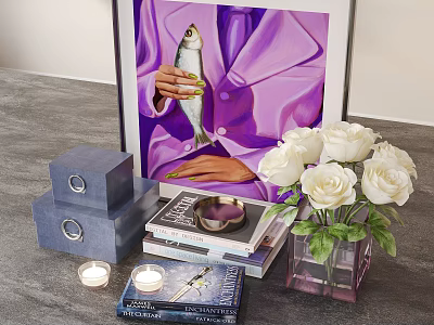 Decorative Ornament Combination With Stacked Books Candles Vase And White Roses For Home Decor 3d model