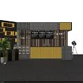 Modern Reception Desk Design With Yellow Countertop Wooden Accents Display Shelves And Green Plant