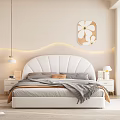Modern Cozy Bedroom With White Scalloped Headboard Gray Orange Bed Linens And Flower Decorative Painting