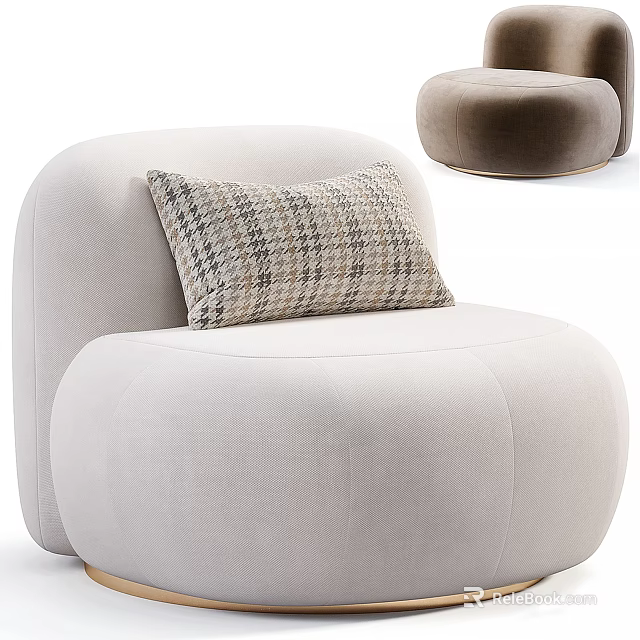 White Velvet Round Armchair With Plaid Pillow And Matching Light Brown Ottoman 3d model 
