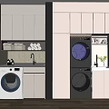 Modern Bathroom Cabinetry with Washing Machine Dryer and White Gray Storage in Bright Interior