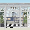 Glass Greenhouse Interior With Plants Sofa Chandelier And Checkered Floor Art Theme