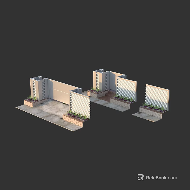 Modern Architectural Fence Structures With Stone Base And Potted Plants 3d model