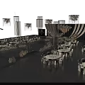 Wedding Stage Design With Golden Draped Curtains Decorative Flowers And Hanging Chandeliers