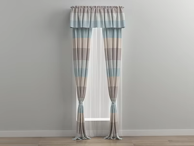 Blue And Brown Striped Curtains With Ruffled Top And Sheer Underlayer For Interior 3d model