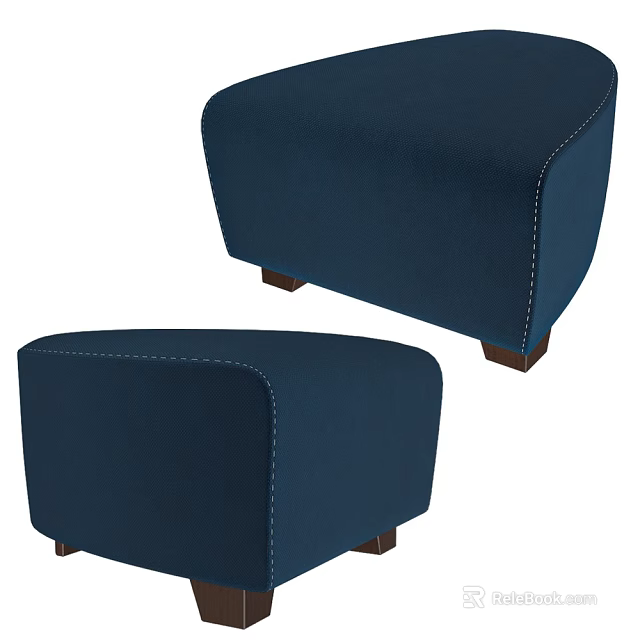 Comfortable Navy Blue Upholstered Stools With Stitched Details And Wooden Legs 3d model 