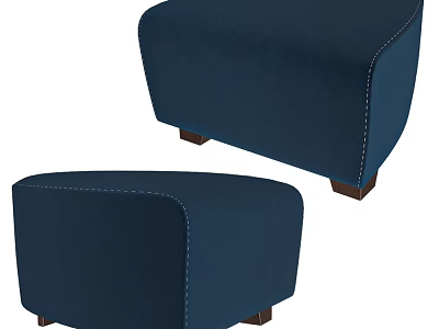 Comfortable Navy Blue Upholstered Stools With Stitched Details And Wooden Legs 3d model