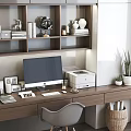 Modern Home Office Bookshelf with Wooden Desk Computer Books Ornaments and Potted Plants