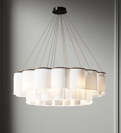 Modern Chandelier With White Shades And Layered Design Hanging From Ceiling 3d model