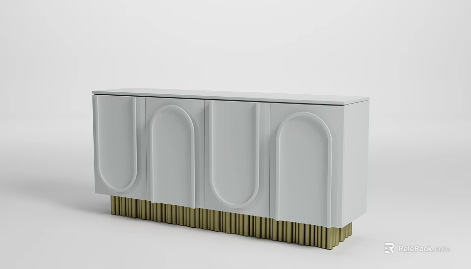 White Sideboard Cabinet With Gold Base And Arched Doors Design 3d model 