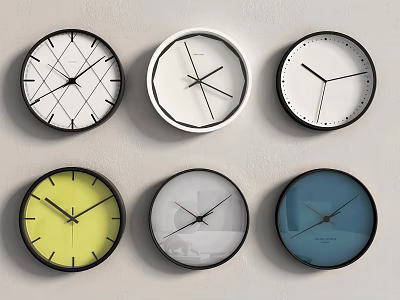 Six Modern Wall Clocks with Different Colored Dials Hanging On White Wall For Home Decor 3d model