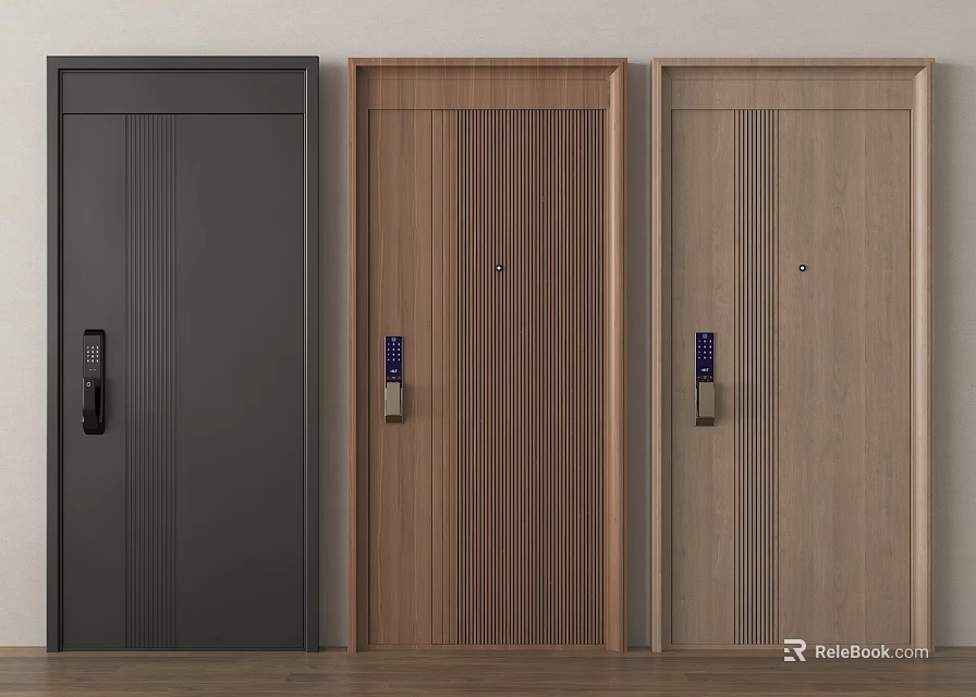 Modern Security Doors With Vertical Stripes Electronic Locks And Various Colors 3d model