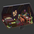 Cartoon Room Scene With Bed Desk Chair Bookshelf Wall Art And Plants