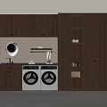 Modern Laundry Room With Two White Washing Machines Wall Mounted Dryer And Wooden Cabinets