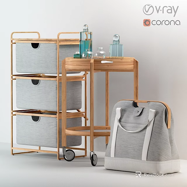 Modern Gray Fabric Loveseat With Wooden Storage Cart And Decorative Accessories 3d model 