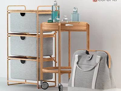 Modern Gray Fabric Loveseat With Wooden Storage Cart And Decorative Accessories 3d model
