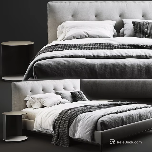 Modern Double Bed With Grey Upholstered Headboard White Pillows And Plaid Blanket 3d model 