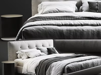 Modern Double Bed With Grey Upholstered Headboard White Pillows And Plaid Blanket 3d model
