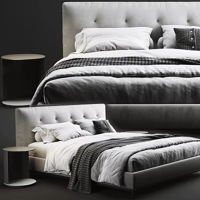 Modern Double Bed With Grey Upholstered Headboard White Pillows And Plaid Blanket 3d model