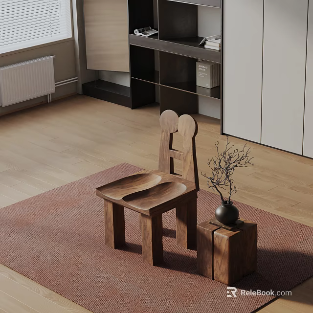Wooden Leisure Chair In Modern Interior With Brown Rug And Vase On Wooden Stump 3d model 