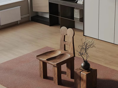 Wooden Leisure Chair In Modern Interior With Brown Rug And Vase On Wooden Stump 3d model