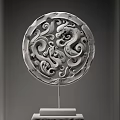 Circular Green Jade Decorative Ornament with Carved Dragon Pattern on Metal Stand and Base
