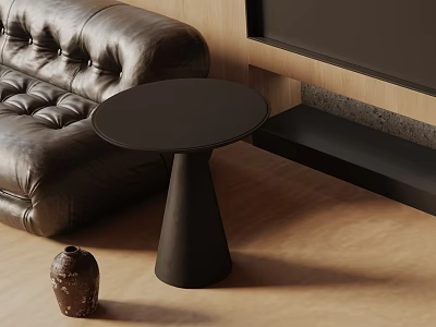 Round Black Side Table in Living Room with Leather Sofa and Wooden Floor 3d model