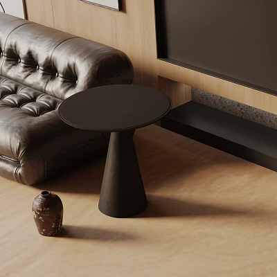 Round Black Side Table in Living Room with Leather Sofa and Wooden Floor 3d model